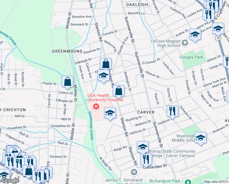 map of restaurants, bars, coffee shops, grocery stores, and more near 625 Stanton Road in Mobile