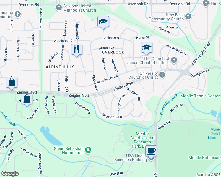 map of restaurants, bars, coffee shops, grocery stores, and more near Zeigler Boulevard Srvc Road in Mobile