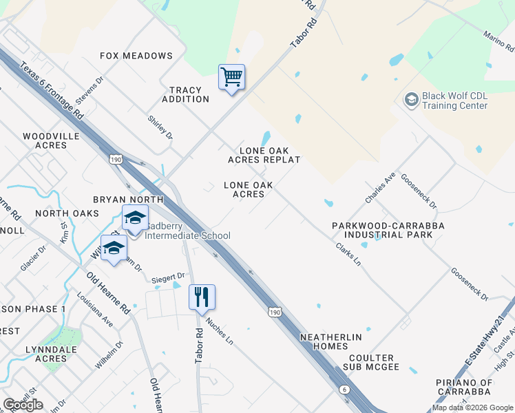 map of restaurants, bars, coffee shops, grocery stores, and more near 3604 Hawks Street in Bryan