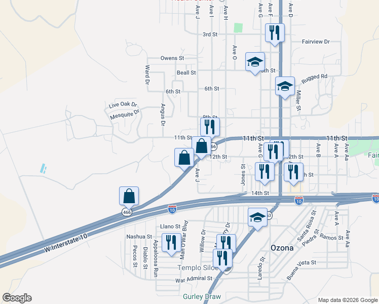 map of restaurants, bars, coffee shops, grocery stores, and more near 1103-1211 11th Street in Ozona