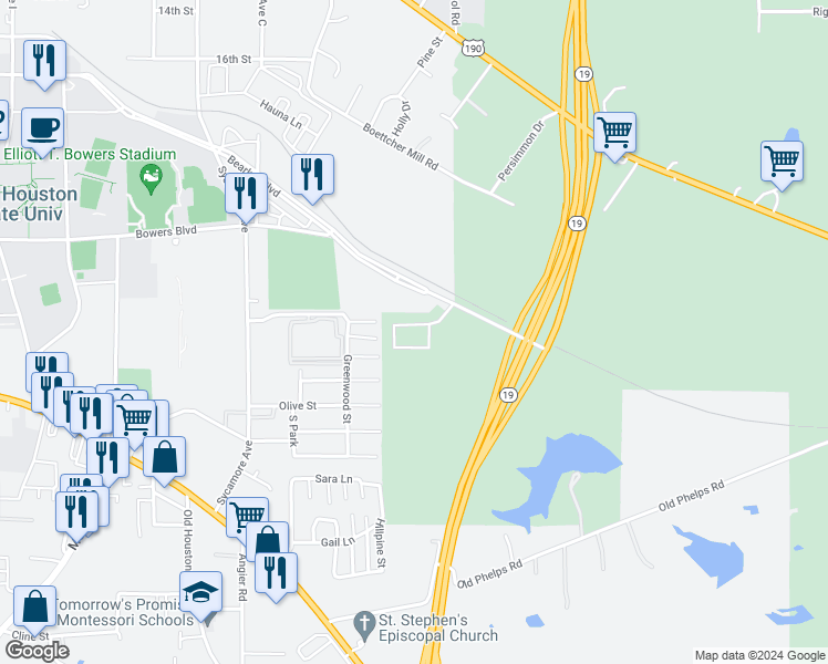 map of restaurants, bars, coffee shops, grocery stores, and more near 116 Varsity Circle in Huntsville