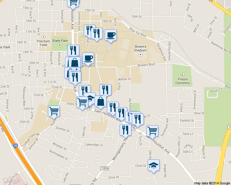 map of restaurants, bars, coffee shops, grocery stores, and more near 2133 Avenue I in Huntsville