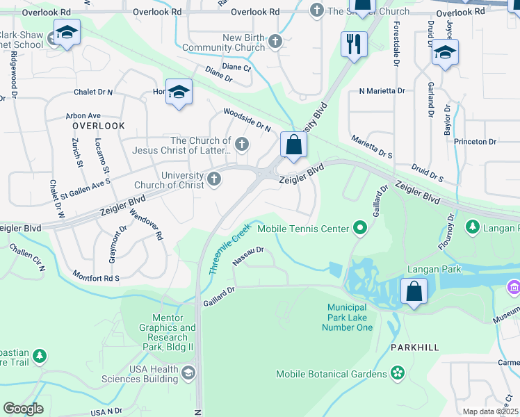 map of restaurants, bars, coffee shops, grocery stores, and more near 5473 Ardell Drive in Mobile