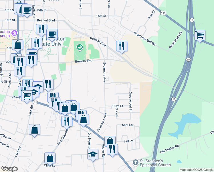 map of restaurants, bars, coffee shops, grocery stores, and more near 2201 Sycamore Avenue in Huntsville