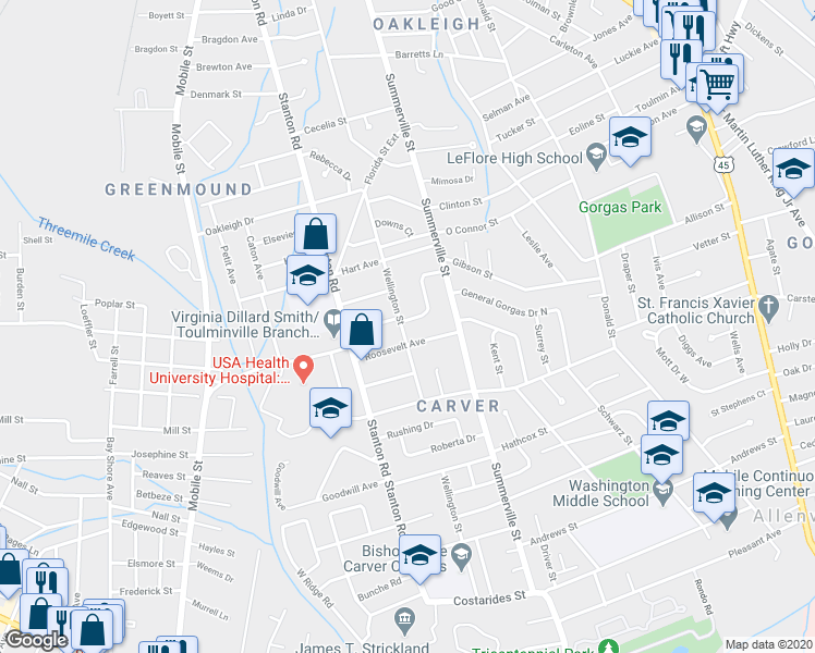 map of restaurants, bars, coffee shops, grocery stores, and more near 2259 Summerland Drive in Mobile