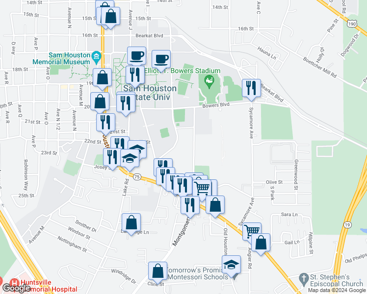 map of restaurants, bars, coffee shops, grocery stores, and more near 2209 Bobby K Marks Drive in Huntsville