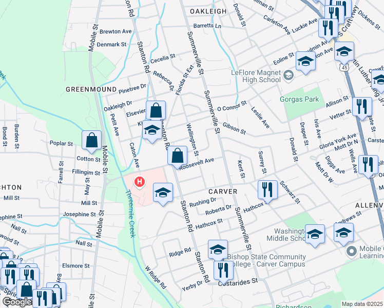 map of restaurants, bars, coffee shops, grocery stores, and more near 2303 Bullen Street in Mobile