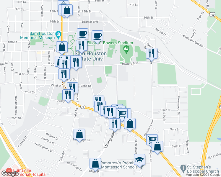 map of restaurants, bars, coffee shops, grocery stores, and more near 2209 Bobby K Marks Drive in Huntsville