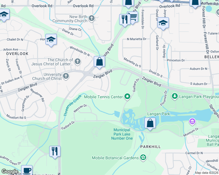 map of restaurants, bars, coffee shops, grocery stores, and more near 906 Memory Lane in Mobile