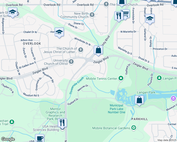 map of restaurants, bars, coffee shops, grocery stores, and more near 5473 Ardell Drive in Mobile