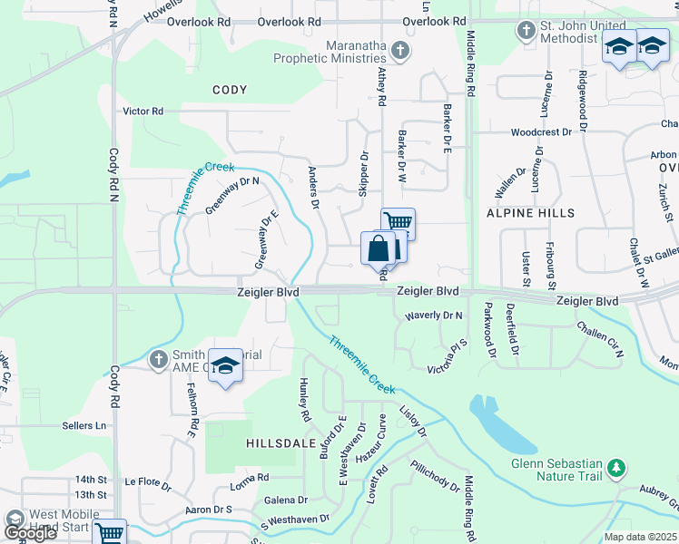 map of restaurants, bars, coffee shops, grocery stores, and more near 6653 Lorena Drive in Mobile