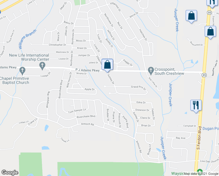 map of restaurants, bars, coffee shops, grocery stores, and more near 121 Grand Prix Drive in Crestview