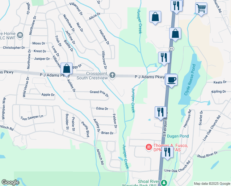 map of restaurants, bars, coffee shops, grocery stores, and more near 307 Key Lime Place in Crestview