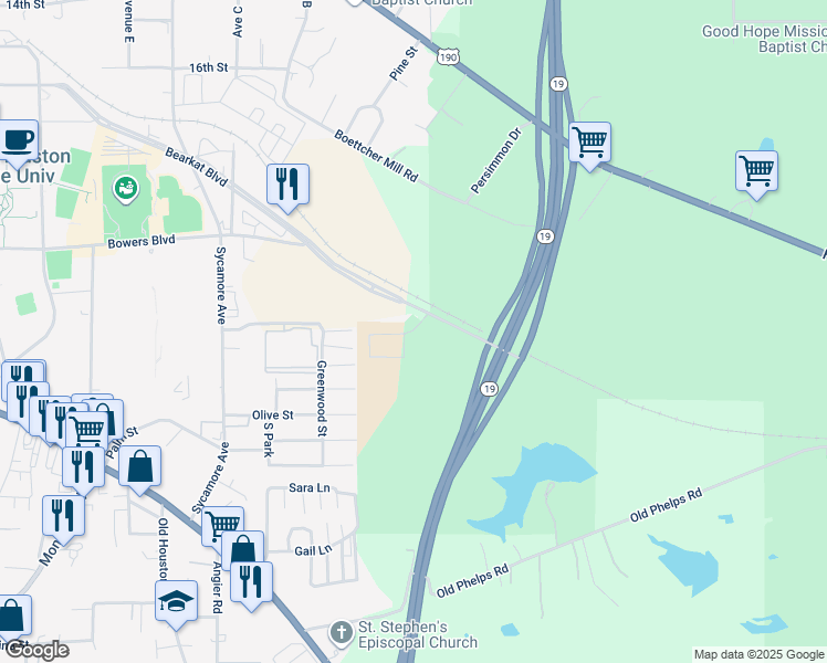 map of restaurants, bars, coffee shops, grocery stores, and more near 199 Varsity Circle in Huntsville