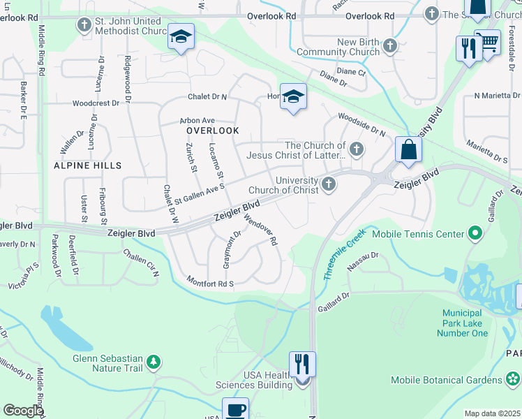 map of restaurants, bars, coffee shops, grocery stores, and more near 5809 Zeigler Boulevard in Mobile