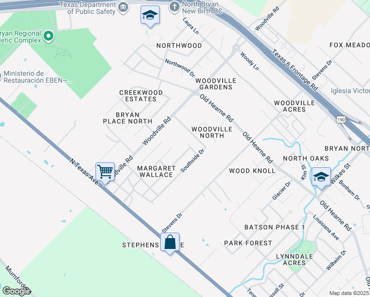 map of restaurants, bars, coffee shops, grocery stores, and more near 2604 Staunton Drive in Bryan