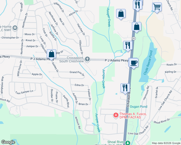 map of restaurants, bars, coffee shops, grocery stores, and more near 307 Key Lime Place in Crestview