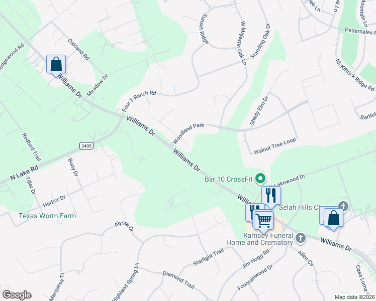 map of restaurants, bars, coffee shops, grocery stores, and more near 104 East Red Bud Meadow in Georgetown