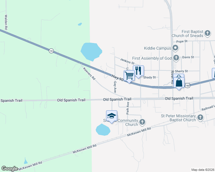map of restaurants, bars, coffee shops, grocery stores, and more near 7830 Keevers Road in Sneads