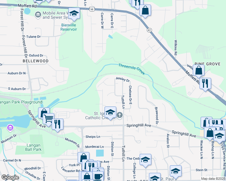 map of restaurants, bars, coffee shops, grocery stores, and more near 621 Tudor Lane West in Mobile