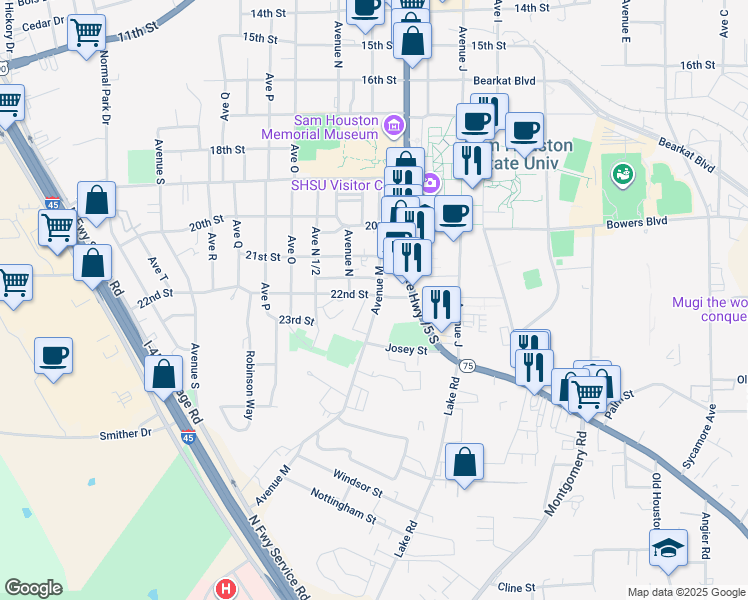 map of restaurants, bars, coffee shops, grocery stores, and more near 2202 Avenue M in Huntsville