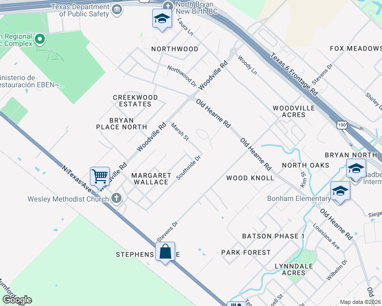 map of restaurants, bars, coffee shops, grocery stores, and more near 4000 Marsh Street in Bryan