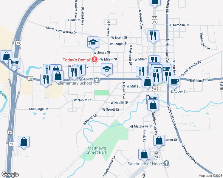 map of restaurants, bars, coffee shops, grocery stores, and more near 100-206 North Pine Avenue in Livingston