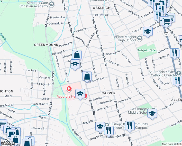 map of restaurants, bars, coffee shops, grocery stores, and more near 2303 Bullen Street in Mobile