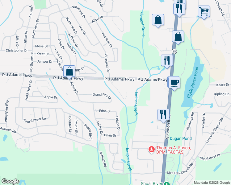 map of restaurants, bars, coffee shops, grocery stores, and more near 233 Grand Prix Drive in Crestview