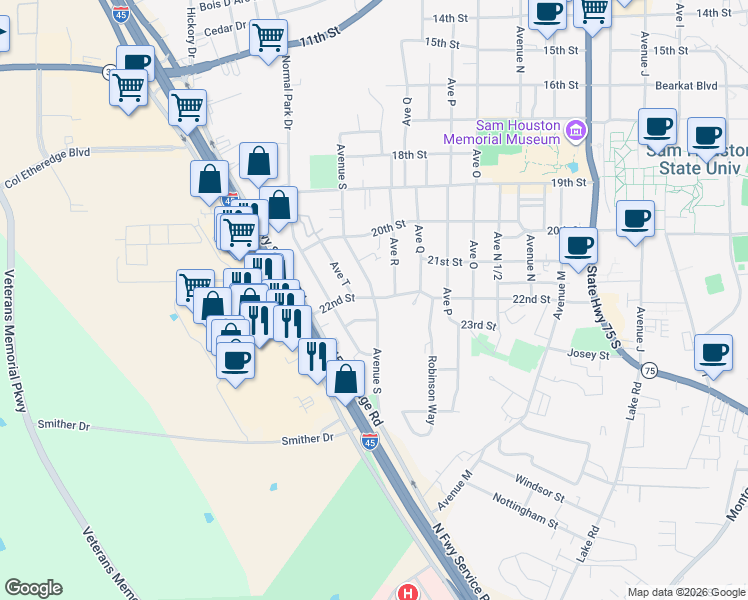 map of restaurants, bars, coffee shops, grocery stores, and more near 2210 Avenue S in Huntsville