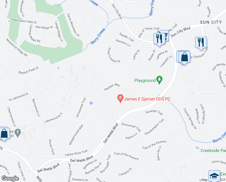 map of restaurants, bars, coffee shops, grocery stores, and more near 112 Painted Bunting Lane in Georgetown