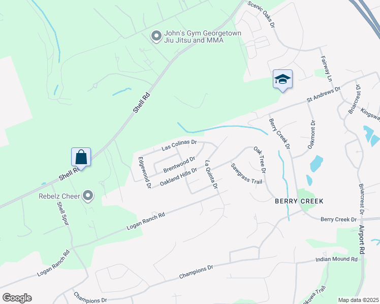 map of restaurants, bars, coffee shops, grocery stores, and more near 205 Del Aire Court in Georgetown