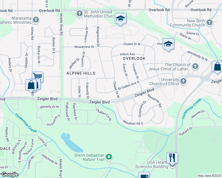 map of restaurants, bars, coffee shops, grocery stores, and more near 6100 Saint Gallen Avenue South in Mobile
