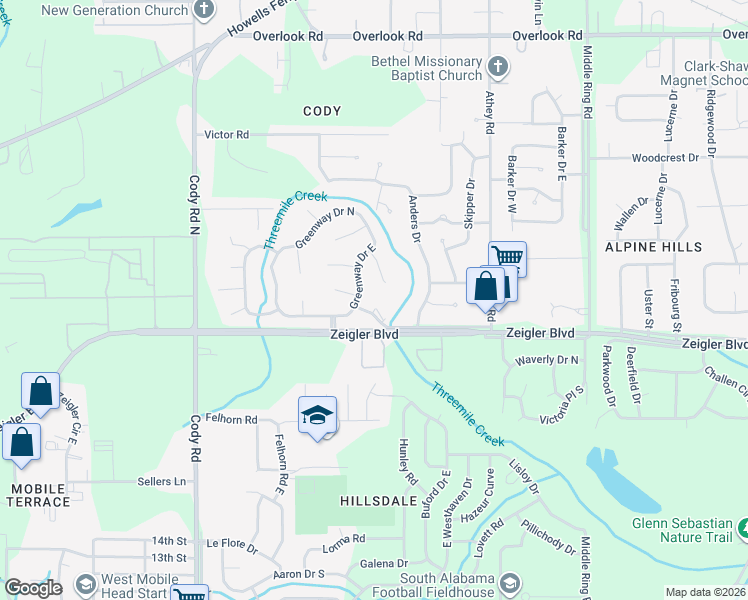 map of restaurants, bars, coffee shops, grocery stores, and more near 6724 Carnegie Street in Mobile