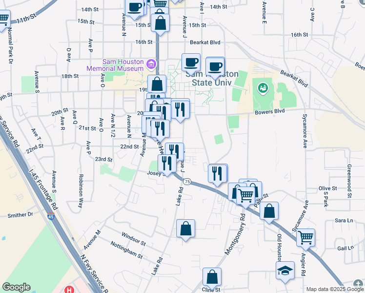 map of restaurants, bars, coffee shops, grocery stores, and more near 2207 Avenue J in Huntsville
