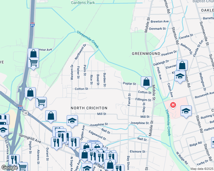 map of restaurants, bars, coffee shops, grocery stores, and more near 651 Burden Street in Mobile
