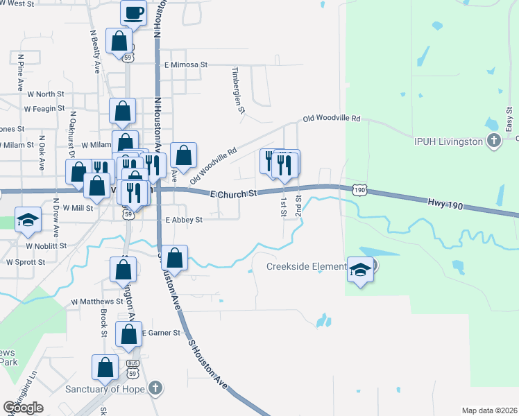 map of restaurants, bars, coffee shops, grocery stores, and more near 702 East Church Street in Livingston