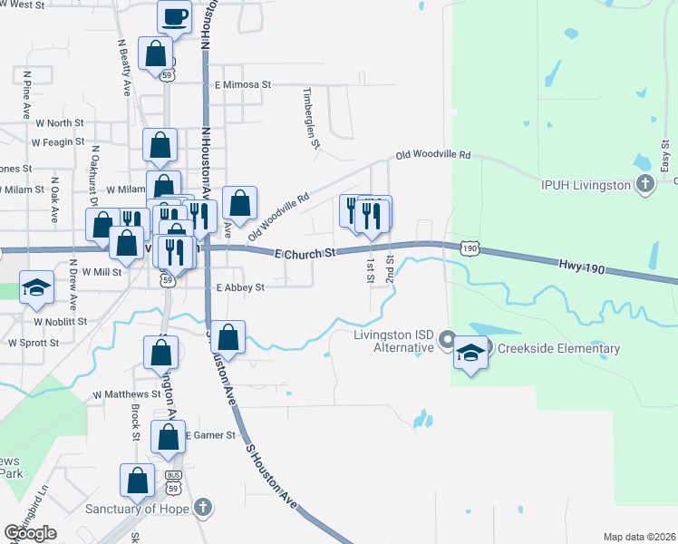 map of restaurants, bars, coffee shops, grocery stores, and more near 702 East Church Street in Livingston