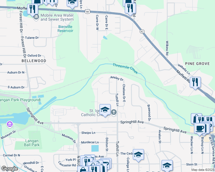 map of restaurants, bars, coffee shops, grocery stores, and more near 621 Tudor Lane West in Mobile