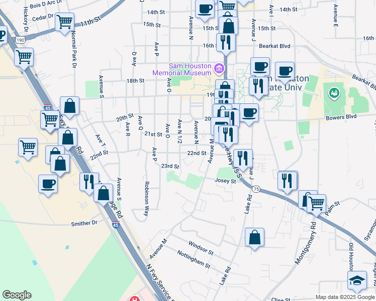map of restaurants, bars, coffee shops, grocery stores, and more near 1414 22nd Street in Huntsville