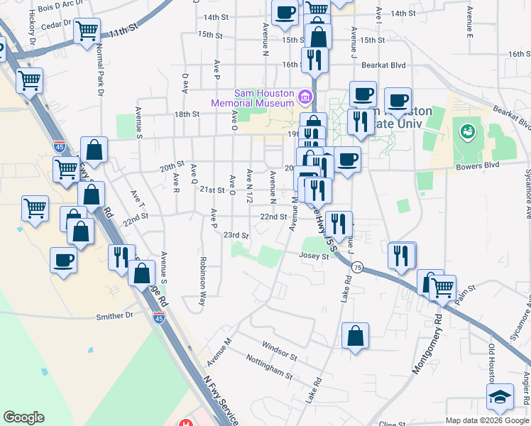 map of restaurants, bars, coffee shops, grocery stores, and more near 1414 22nd Street in Huntsville