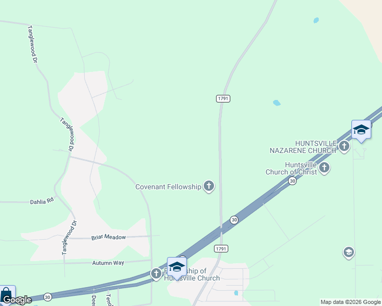 map of restaurants, bars, coffee shops, grocery stores, and more near 550 Farm to Market 1791 in Huntsville