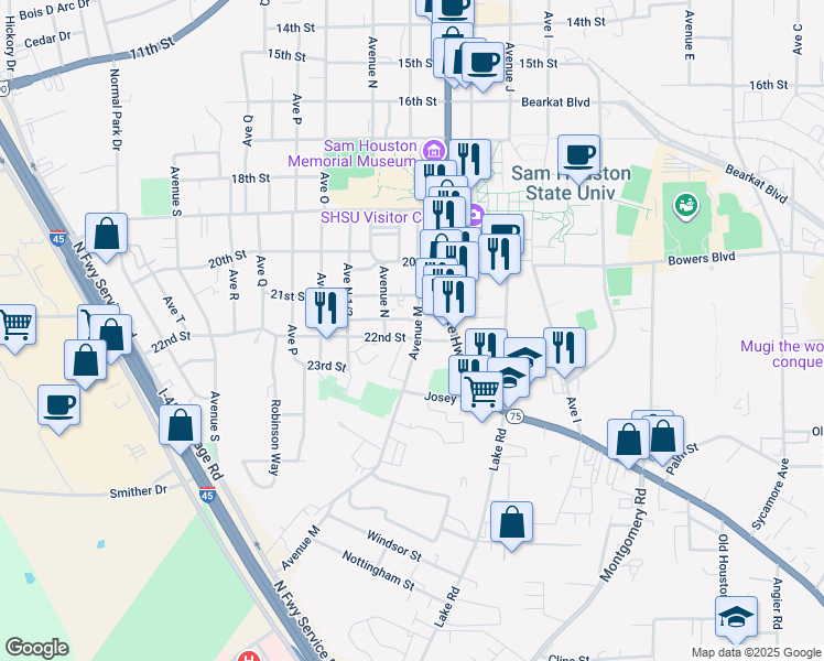 map of restaurants, bars, coffee shops, grocery stores, and more near 2202 Avenue M in Huntsville
