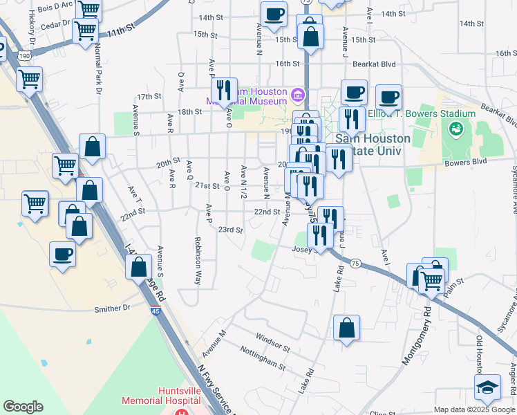 map of restaurants, bars, coffee shops, grocery stores, and more near 1414 22nd Street in Huntsville