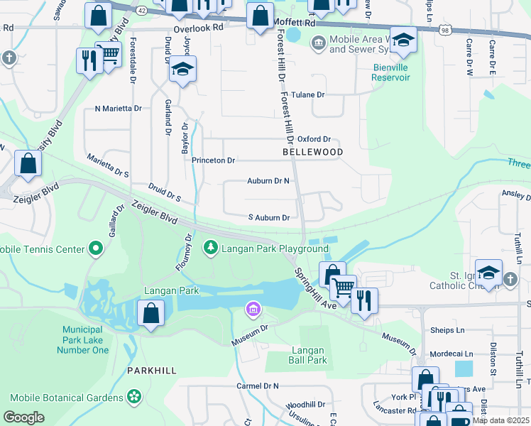 map of restaurants, bars, coffee shops, grocery stores, and more near 4824 South Auburn Drive in Mobile