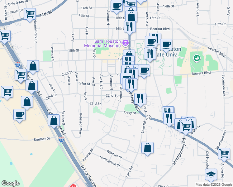 map of restaurants, bars, coffee shops, grocery stores, and more near 2202 Avenue M in Huntsville