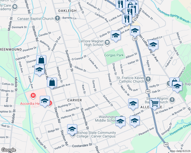 map of restaurants, bars, coffee shops, grocery stores, and more near 570 Surrey Street in Mobile