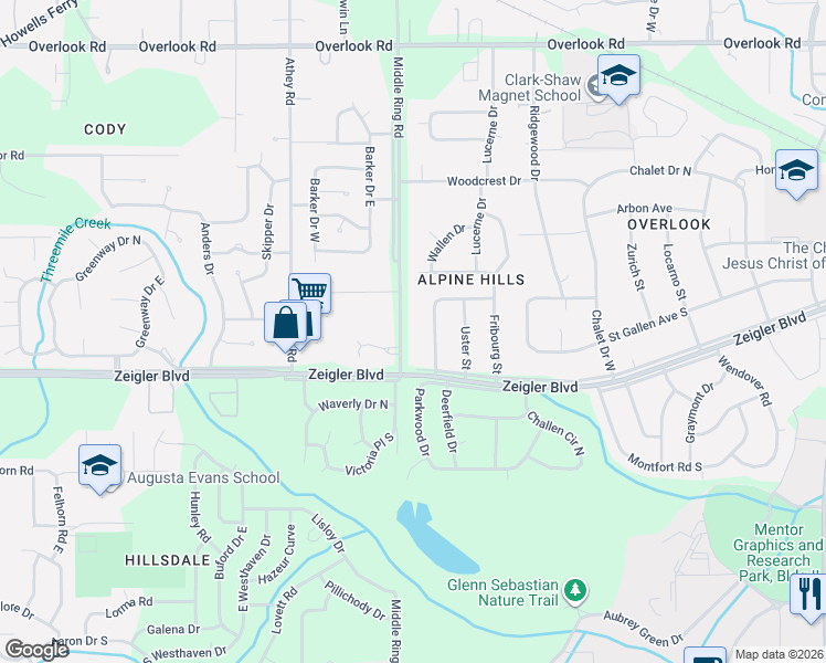 map of restaurants, bars, coffee shops, grocery stores, and more near 1005 Middle Ring Road in Mobile