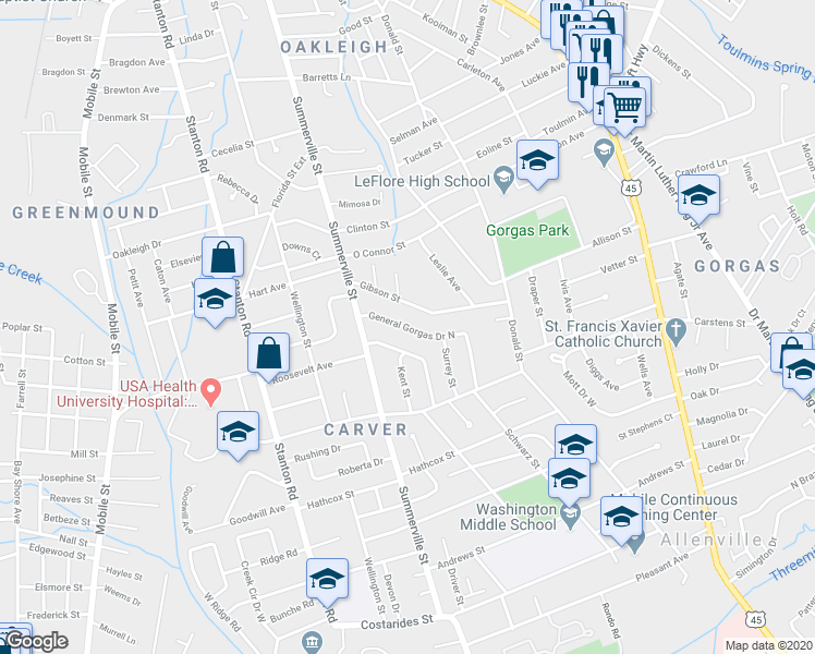 map of restaurants, bars, coffee shops, grocery stores, and more near 2151 General Gorgas Drive North in Mobile