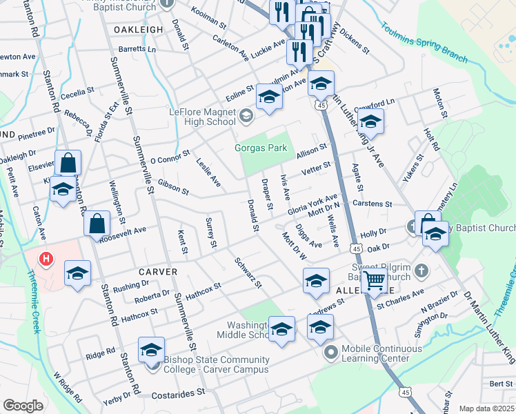 map of restaurants, bars, coffee shops, grocery stores, and more near 1954-1958 Gloria York Avenue in Mobile